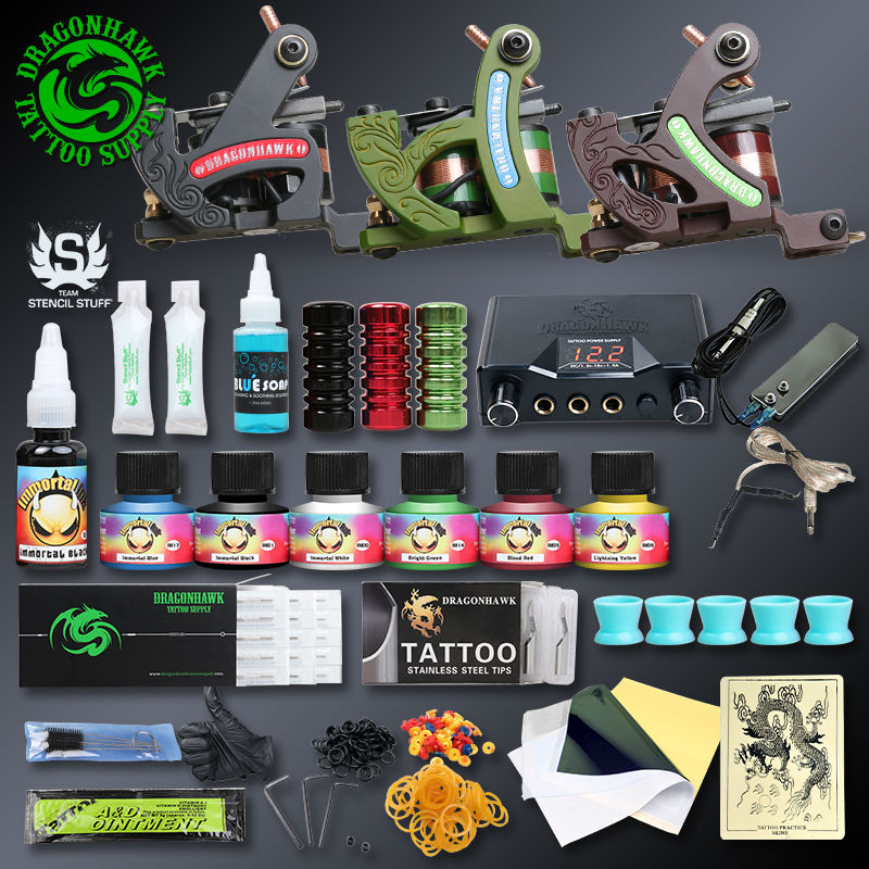 Professional Tattoo Kits Complete Set 3 Tattoo Machine Gun Lining And Shading Tattoo Inks Power Needles